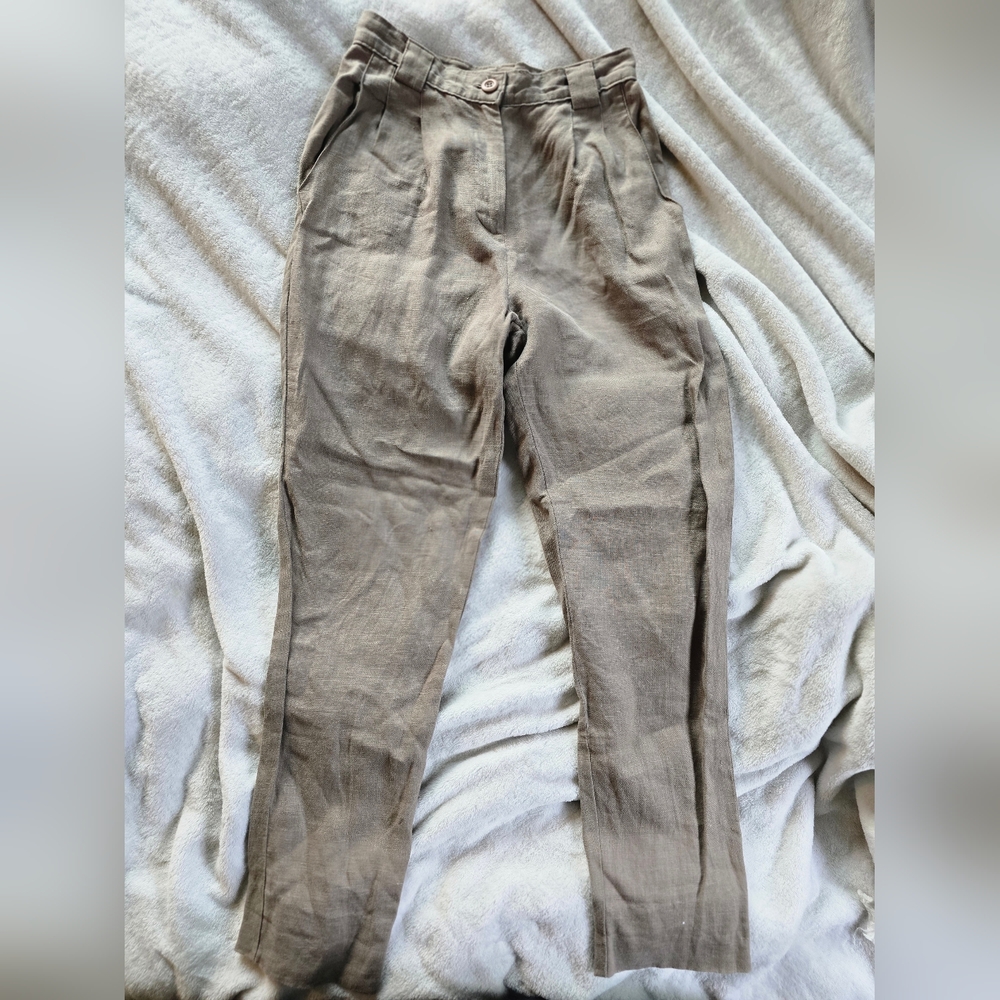 American Apparel High Waisted Linen Pleated Pants In Taupe